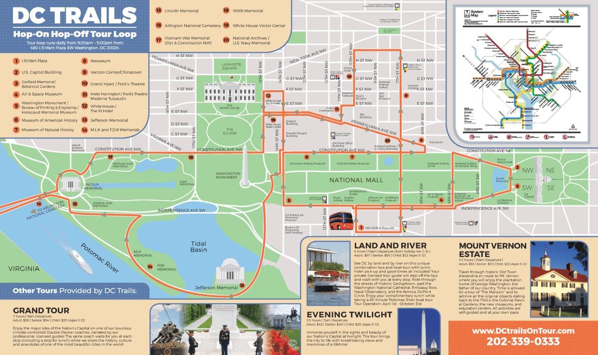 washington dc hop on hop off ruta de autobús mapa