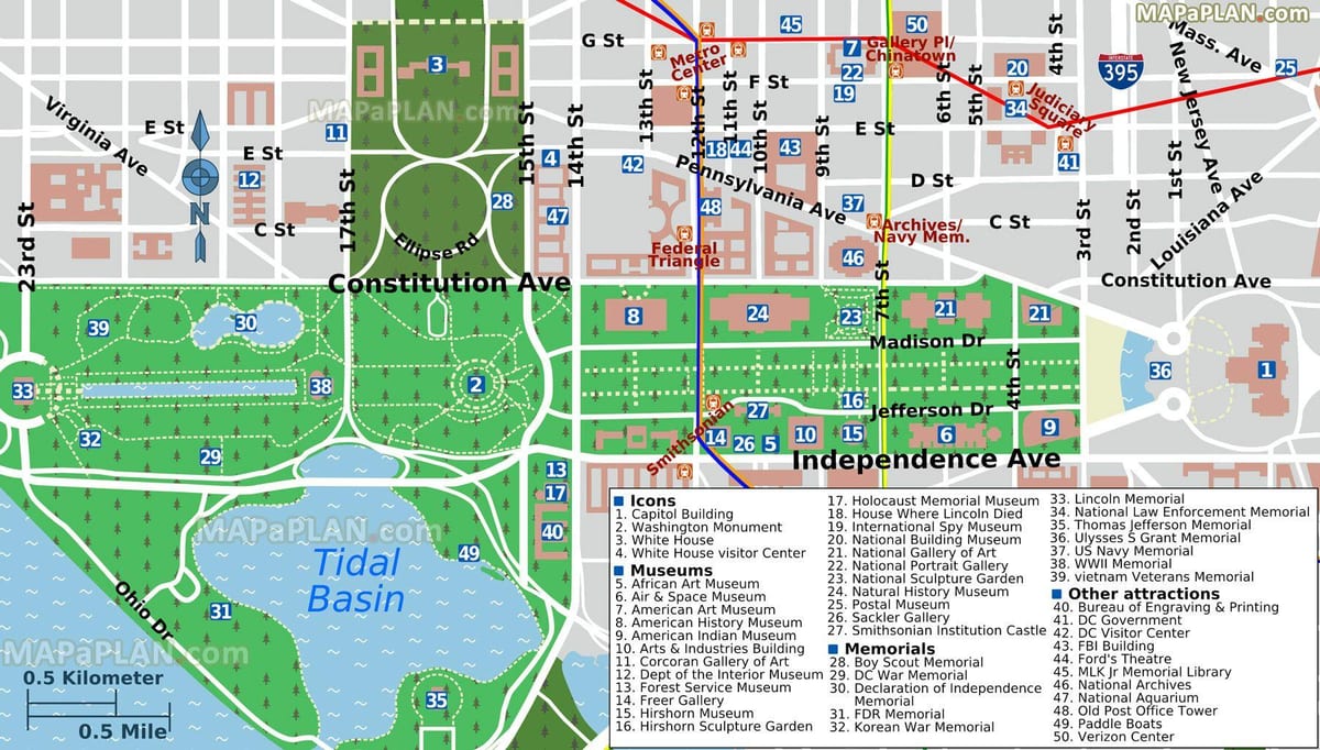 mapa de washington dc principais atraccións